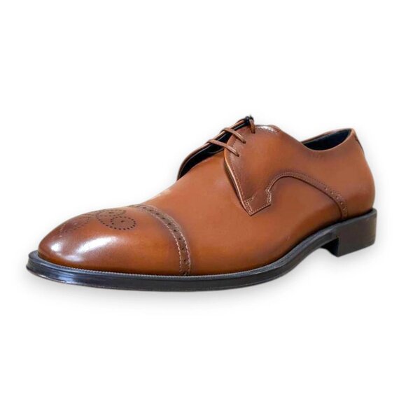 BOSS Derrek Brogue Cap Derby Lace Shoes Brown Leather 9M Business - Picture 1 of 4